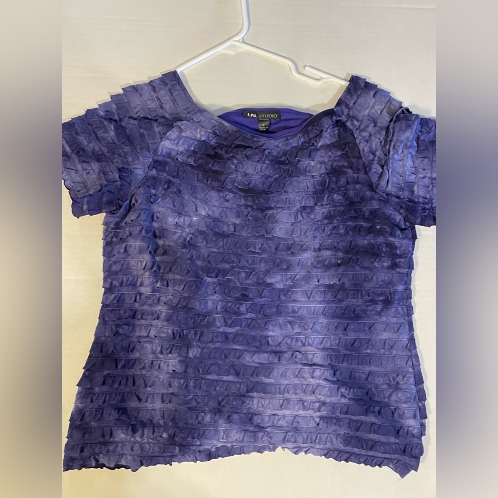 I.N. Studio Deep Purple Textured Ruffle Short Sleeve Top